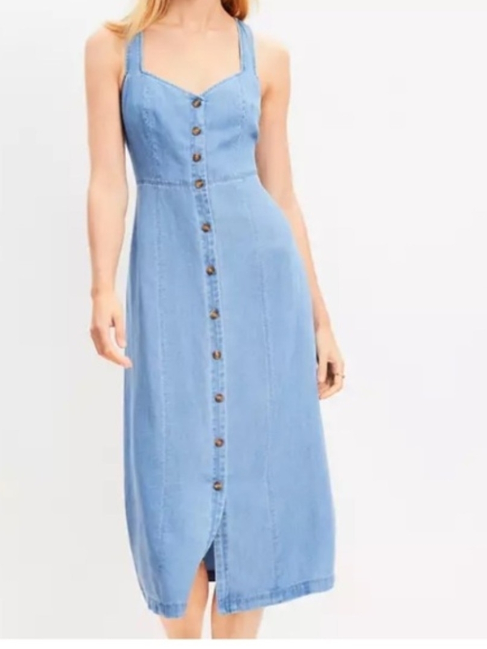 LOFT Light Blue Denim Button-Front Midi Dress
